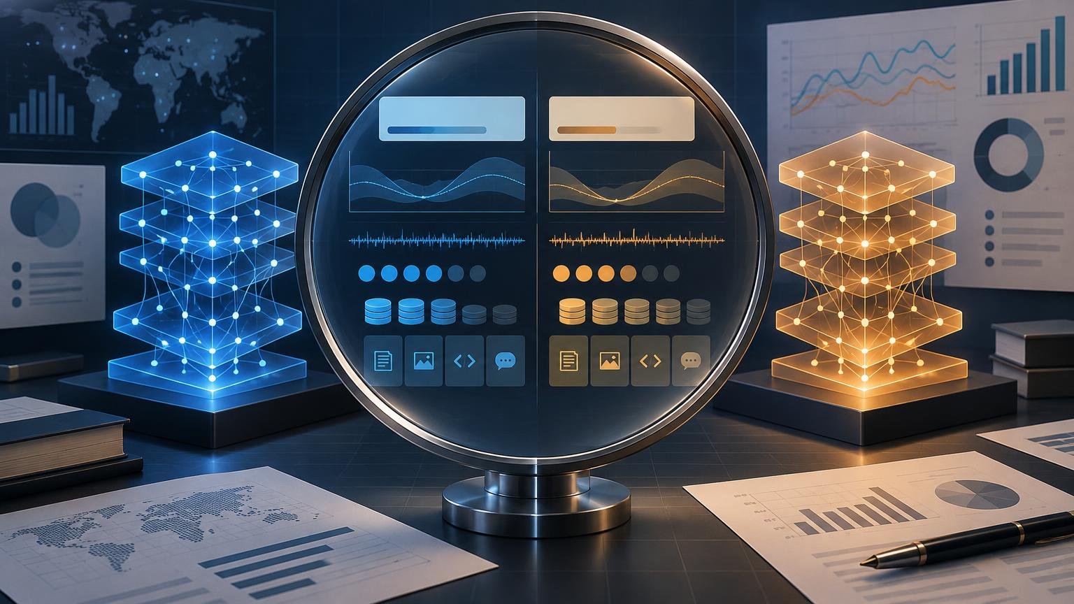 Blue-and-gold editorial illustration of two abstract network structures flanking a circular comparison dashboard with line charts, dot indicators, stacked disks, and small interface icons; blurred charts, a world map, papers, books, and a pen fill the research workspace behind it.