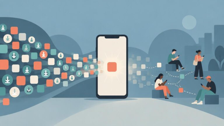 Flat editorial illustration of download icons and colored app tiles flowing into a large smartphone, with four people using phones on the right connected by dotted lines.