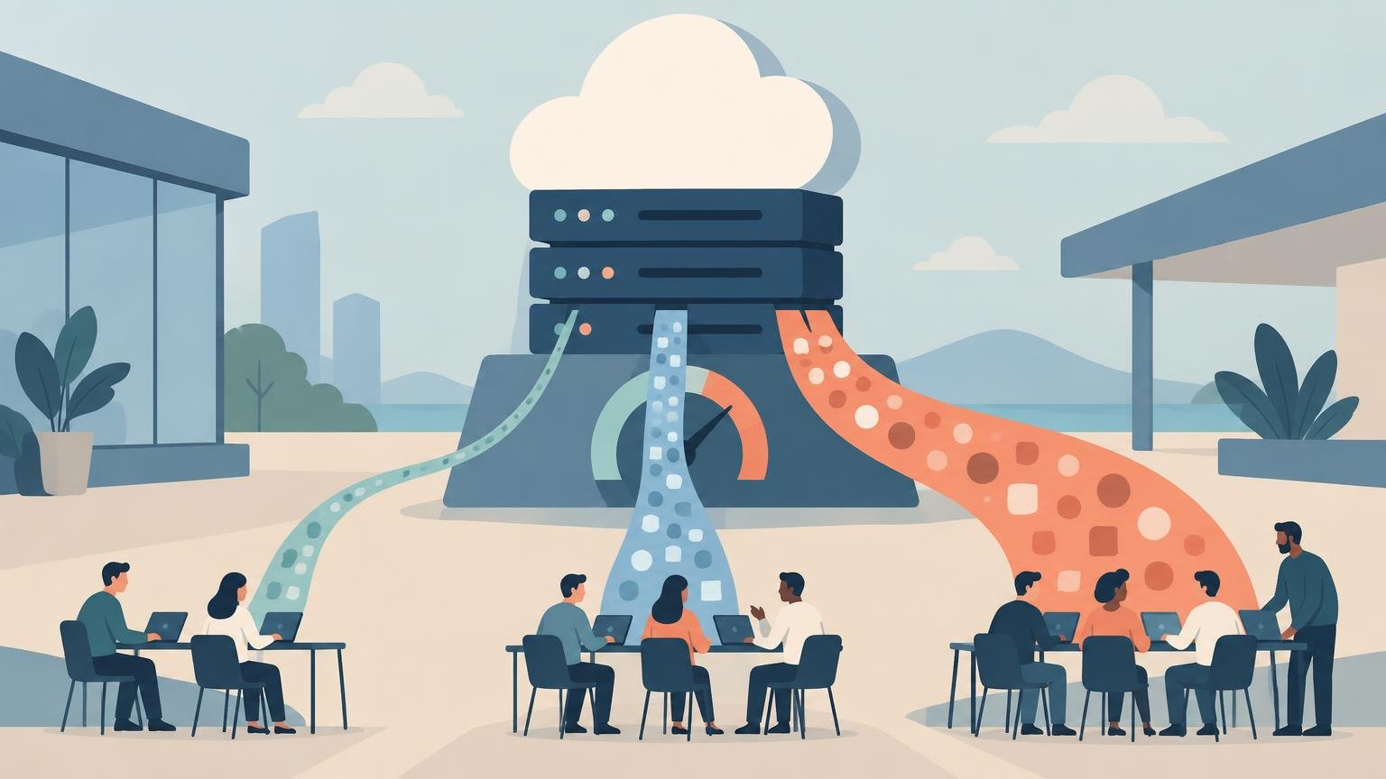 Flat editorial illustration of a large cloud above stacked server units, with blue and orange data-like streams flowing toward groups of people working on laptops at tables in a modern office courtyard.