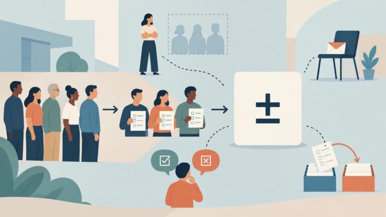 Flat editorial illustration of a diverse group being narrowed to a smaller set of people holding survey forms, with arrows leading to a large plus-minus symbol; nearby visuals show an excluded group, an unopened envelope on a chair, check and X response bubbles, and survey papers moving between two files.