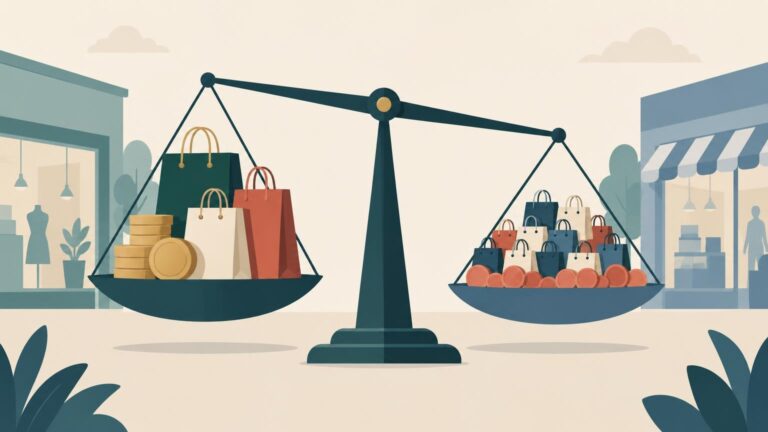 Flat editorial illustration of a tilted balance scale between two storefronts, with a few large shopping bags and stacked gold coins on the lower left pan and many smaller bags and coins on the raised right pan.