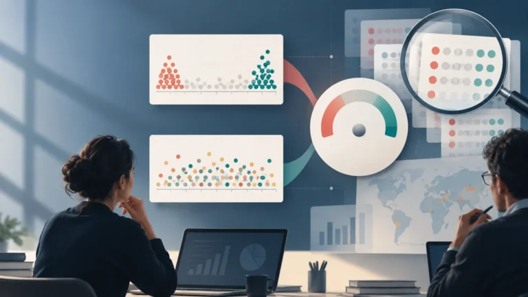 Two analysts study a wall of unlabeled dot charts, a semicircular gauge, bar charts, and a pale world map, with a magnifying glass enlarging a grid of colored dots.