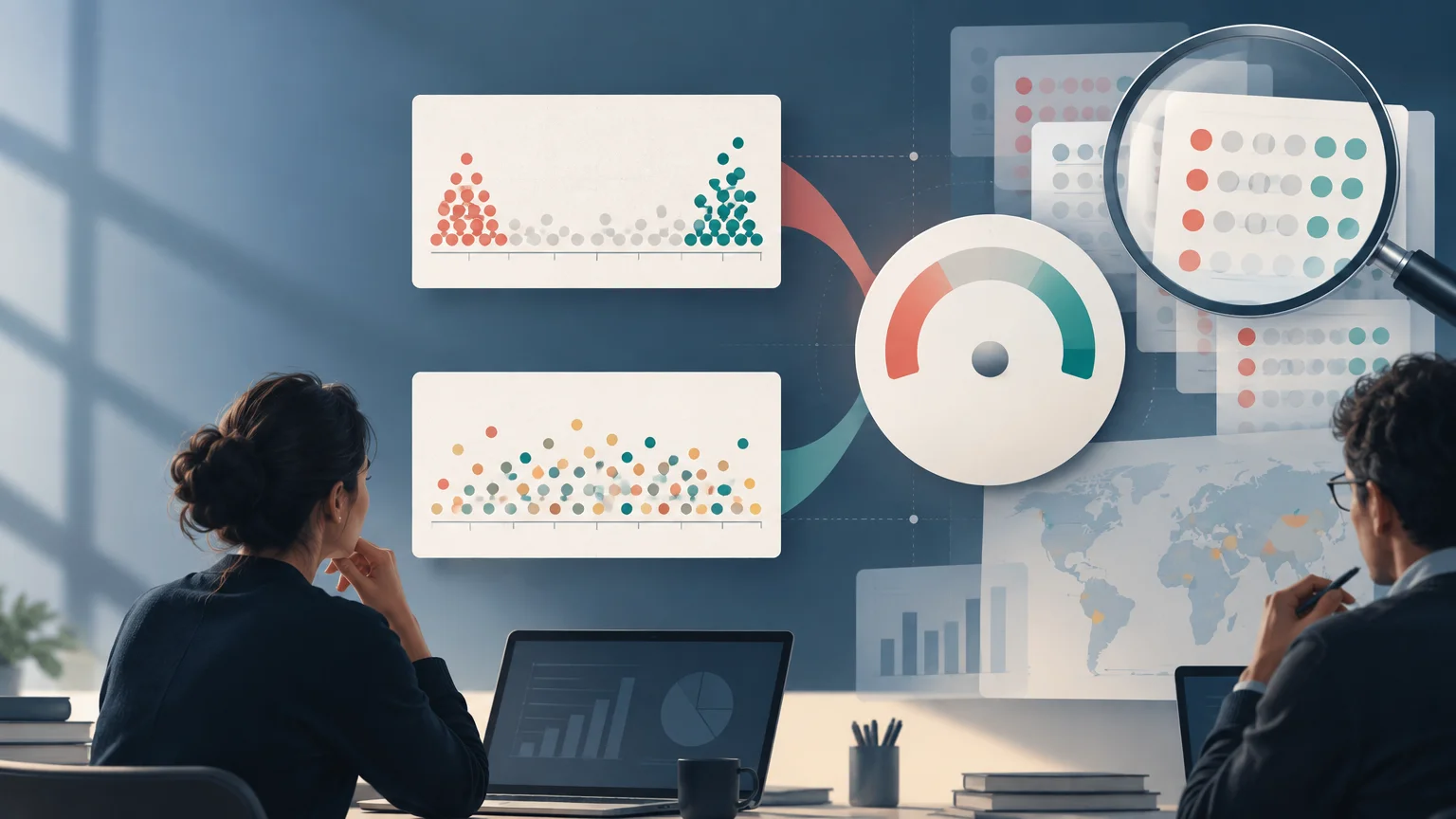 Two analysts study a wall of unlabeled dot charts, a semicircular gauge, bar charts, and a pale world map, with a magnifying glass enlarging a grid of colored dots.