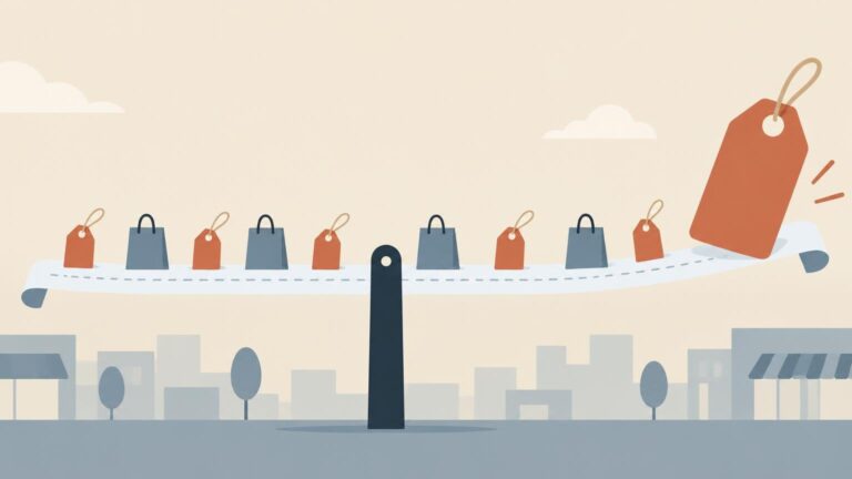 Flat editorial illustration of a balance beam holding small shopping bags and price tags, tilted downward beneath one oversized orange price tag, with a muted cityscape in the background.