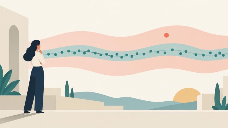 Flat editorial illustration of a person looking at a wavy line with teal data points running through a narrow teal band and a wider peach band, set against a minimalist landscape.