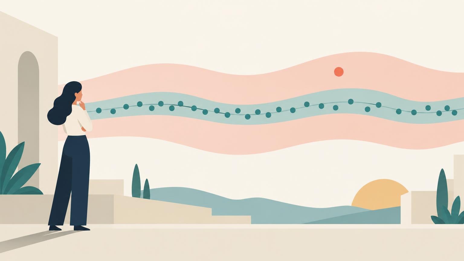 Flat editorial illustration of a person looking at a wavy line with teal data points running through a narrow teal band and a wider peach band, set against a minimalist landscape.