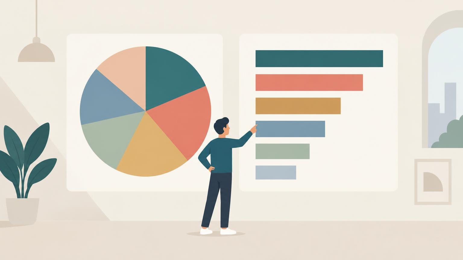 Flat editorial illustration of a person pointing at a ranked horizontal bar chart beside a large multicolored pie chart in a minimalist indoor setting.