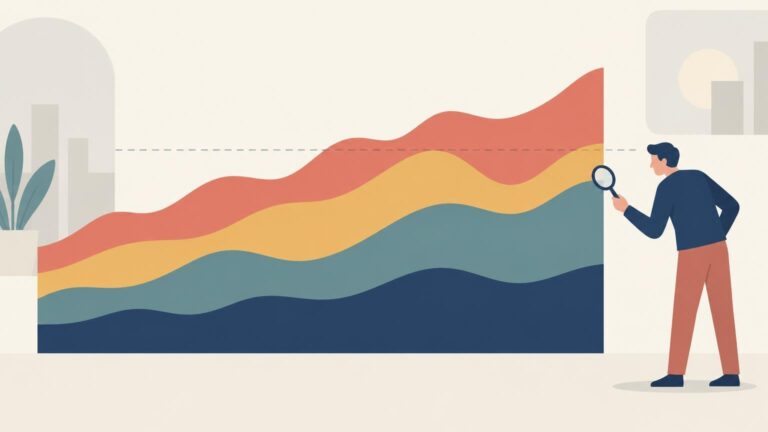 Flat editorial illustration of a person using a magnifying glass to examine a four-layer stacked area chart with wavy teal, yellow, coral, and navy bands rising across a pale interior background.